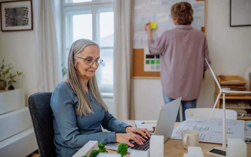 Happy mature women eco architects working together in office.